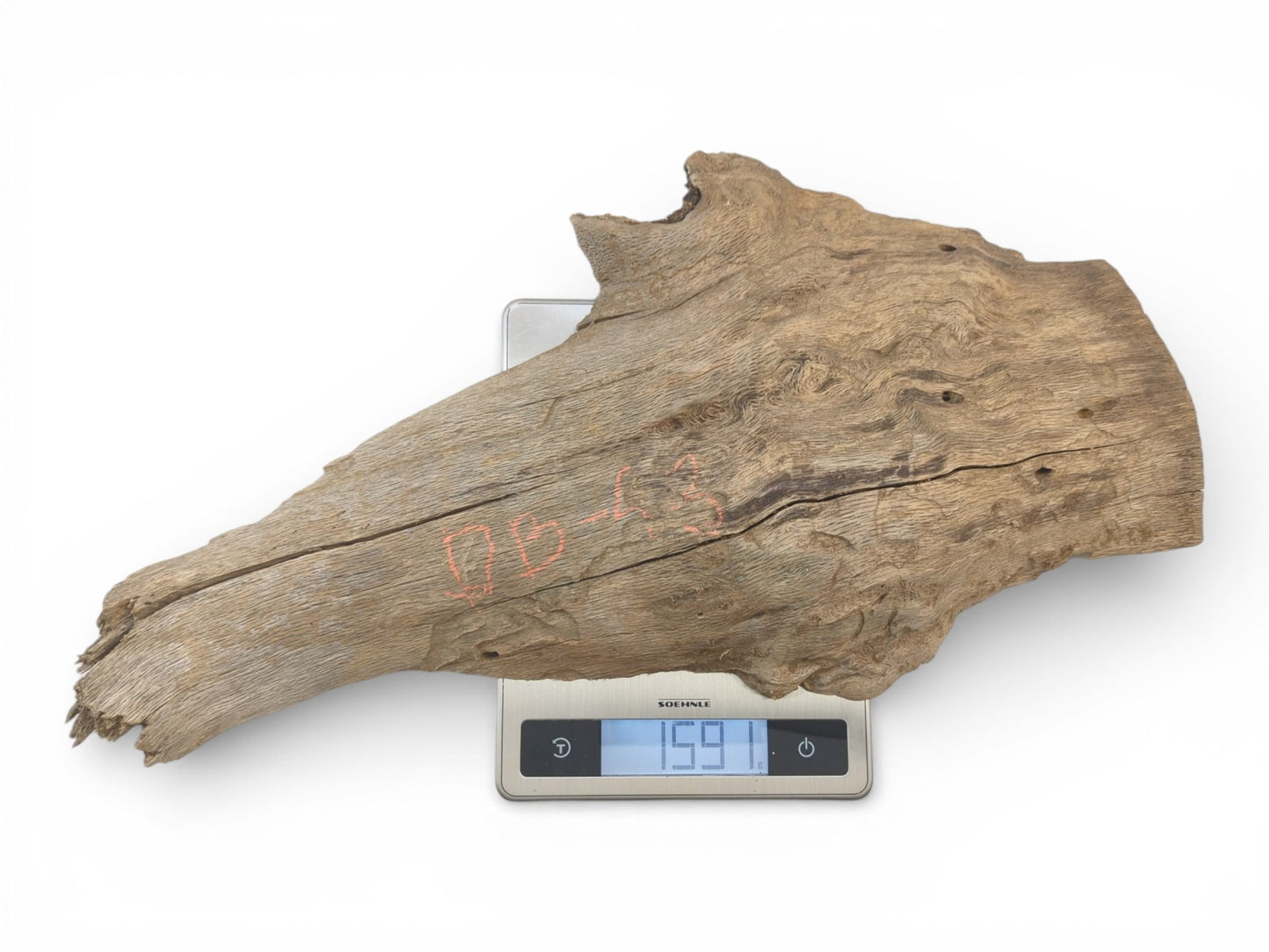 An asymmetrical piece of raw, weathered oak wood placed on a digital scale showing its weight.