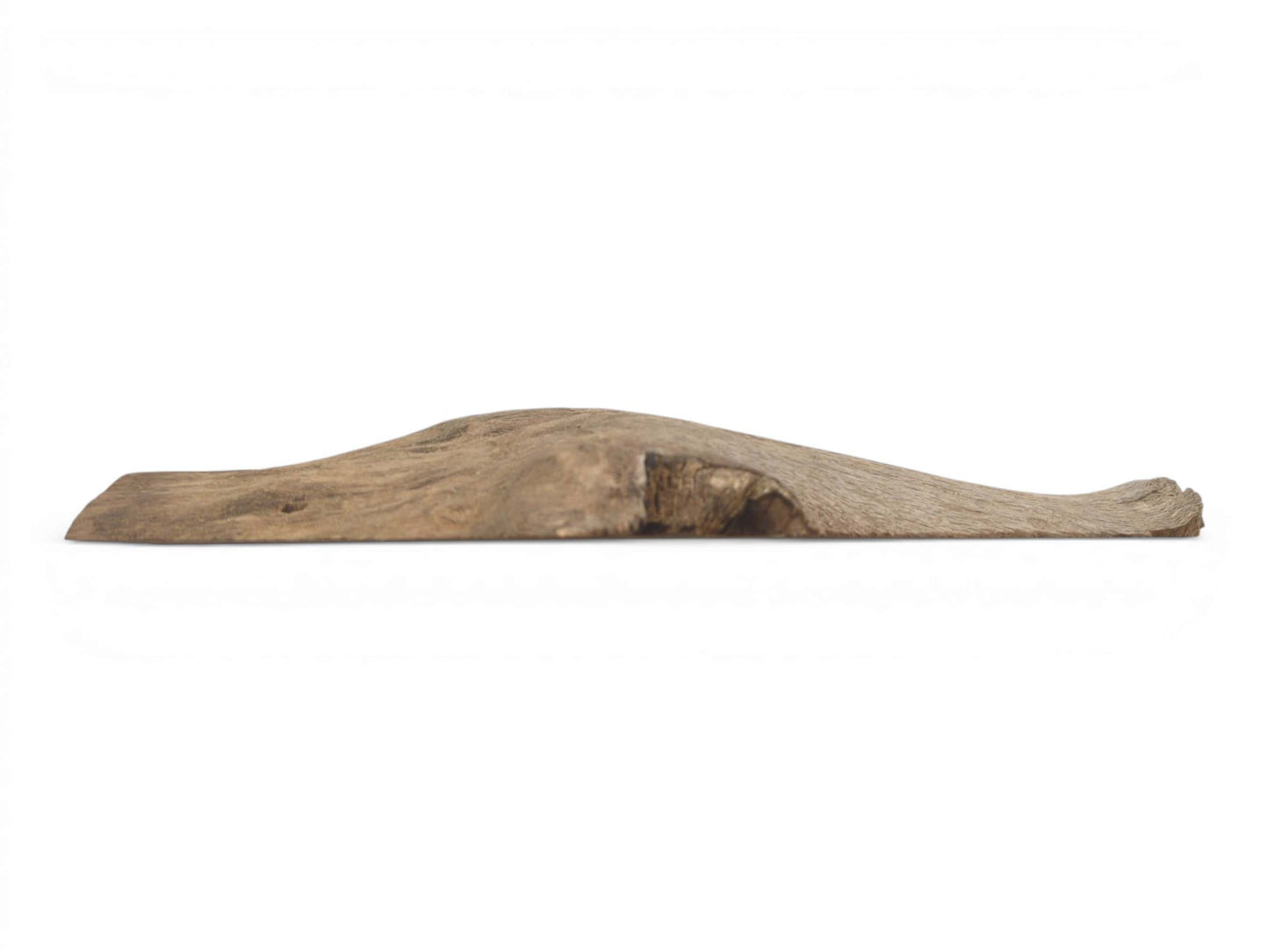 Side-on view of a long, weathered oak plank with a raised, uneven hump in the center.