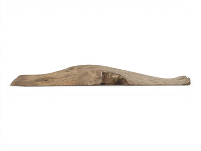 Side-on view of a long, weathered oak plank with a raised, uneven hump in the center.