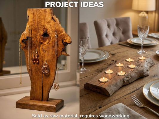 A collage showing finished project ideas: a natural-edge oak jewelry stand and a centerpiece candle holder.