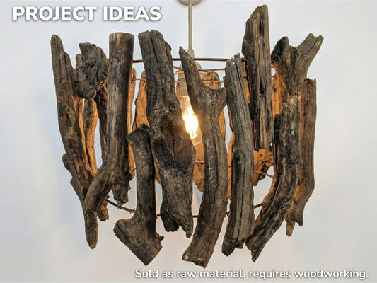 A project idea using weathered, barkless branches arranged vertically into a rustic, cylindrical pendant light shade.