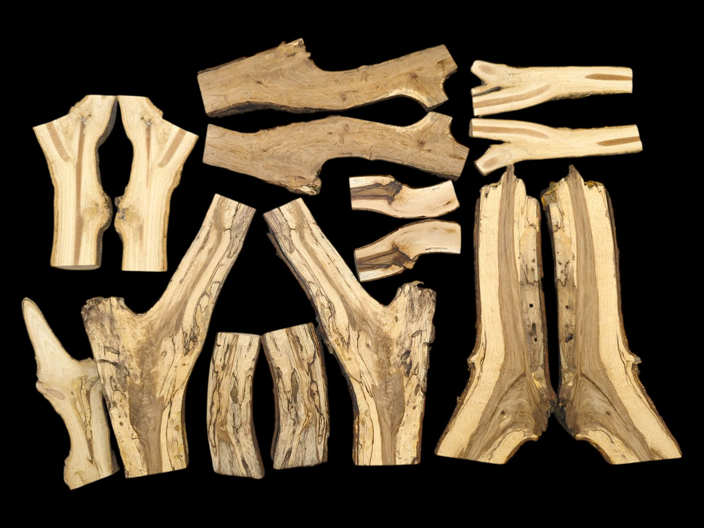 A top-down layout of raw, split wood pieces featuring organic shapes and contrasting grain details.