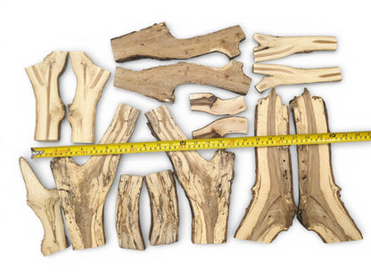 An overhead view of multiple split wood pieces with dark grain, measured by a yellow tape.