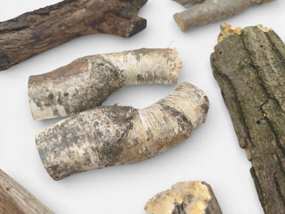 An assortment of raw branch sections, contrasting mottled birch-like bark with rougher, dark brown bark.