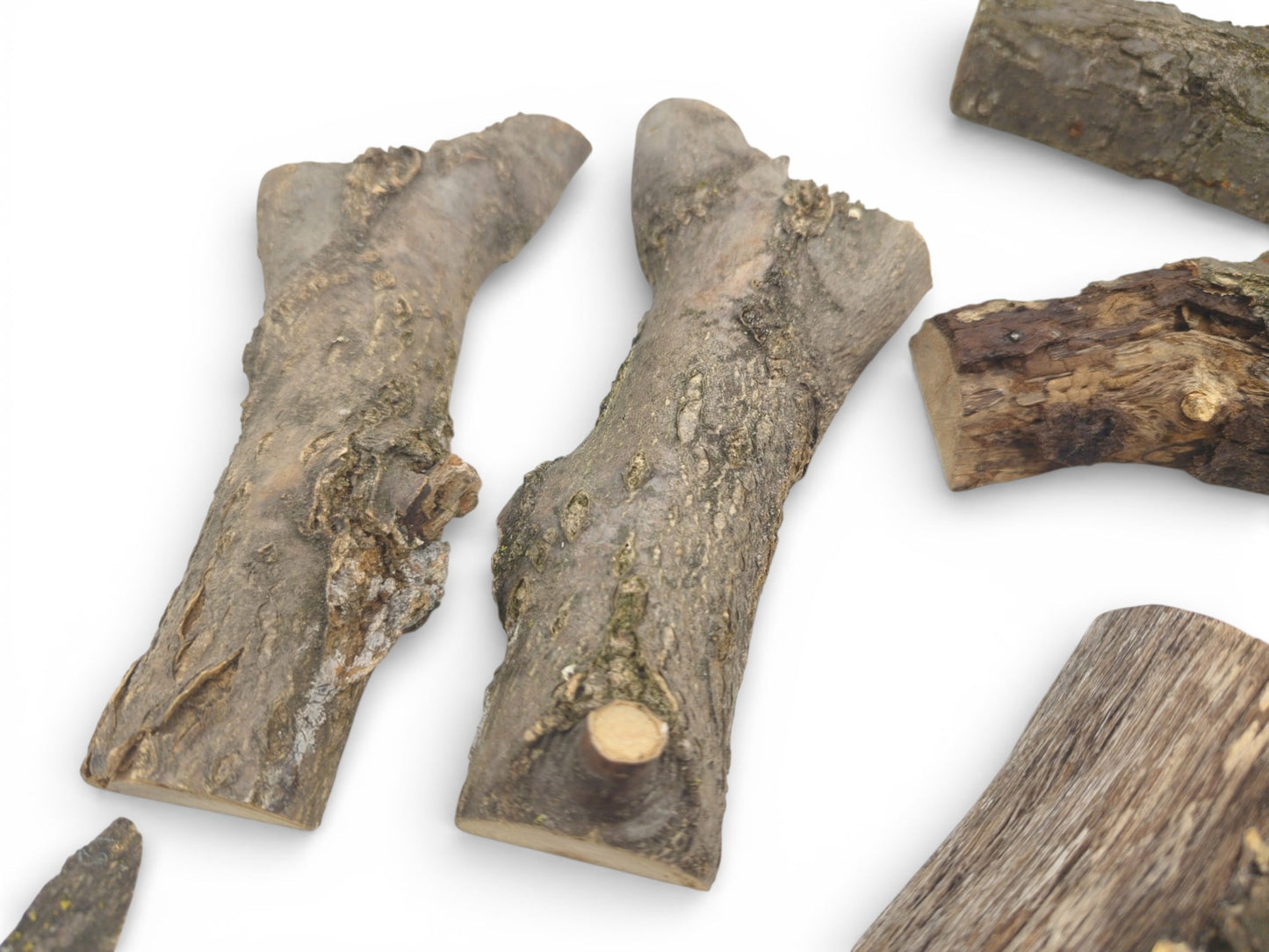 Multiple split wood segments arranged to display their irregular shapes and bumpy, natural bark exteriors.