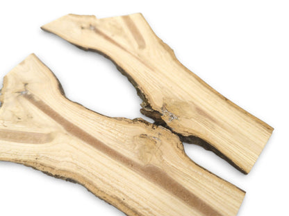An angled view of two split branch pieces with raw bark edges and a dark central pith.