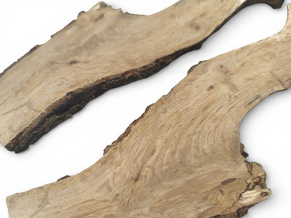 An angled, close-up perspective of two natural wood slabs with visible grain patterns and raw bark edges.
