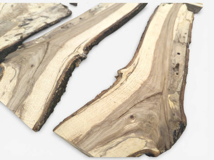A high-angle composition of three branch halves featuring bicolored wood and an uneven bark exterior.