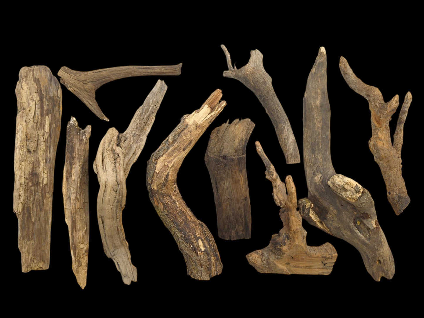 A varied grouping of rustic, untreated wood pieces with different forms laid out against a black background.