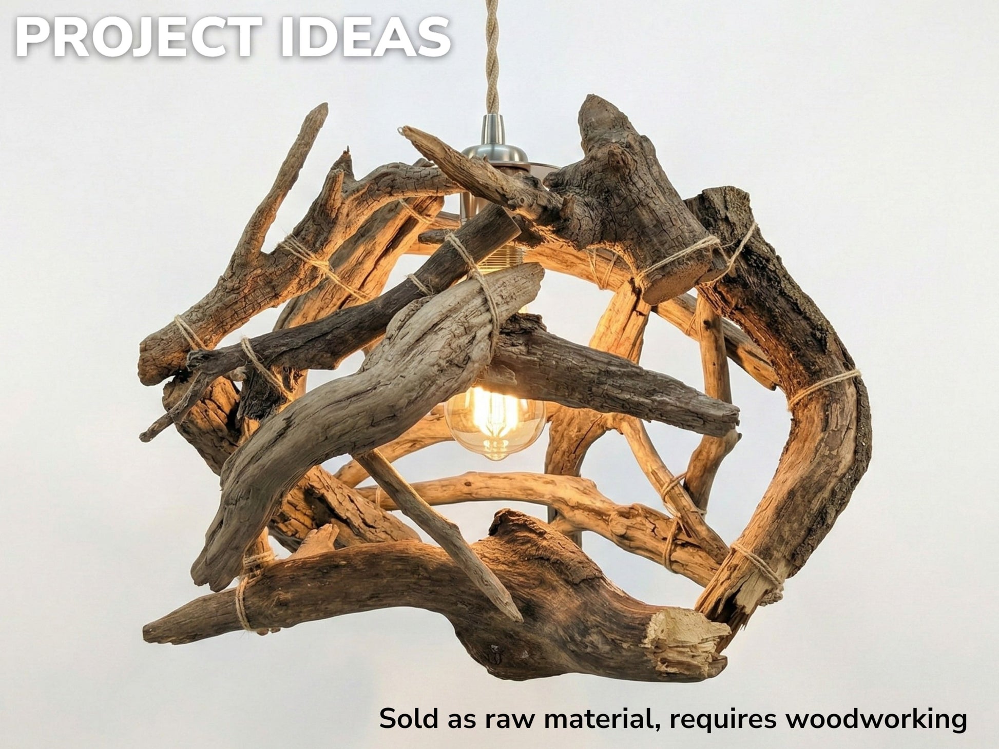 A project idea showing weathered branches tied together to form a spherical hanging light fixture.