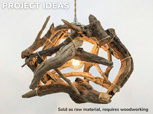 A project idea showing weathered branches tied together to form a spherical hanging light fixture.