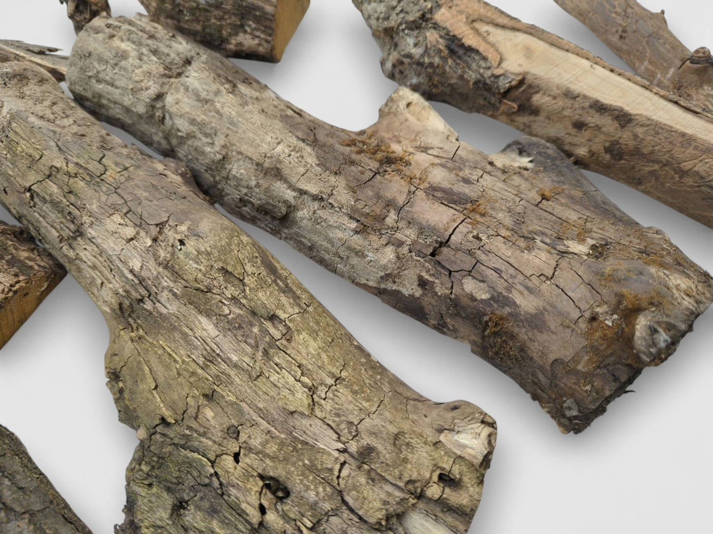 A close-up, diagonal arrangement of split branches, focusing on the gnarled, cracked, and weathered bark.