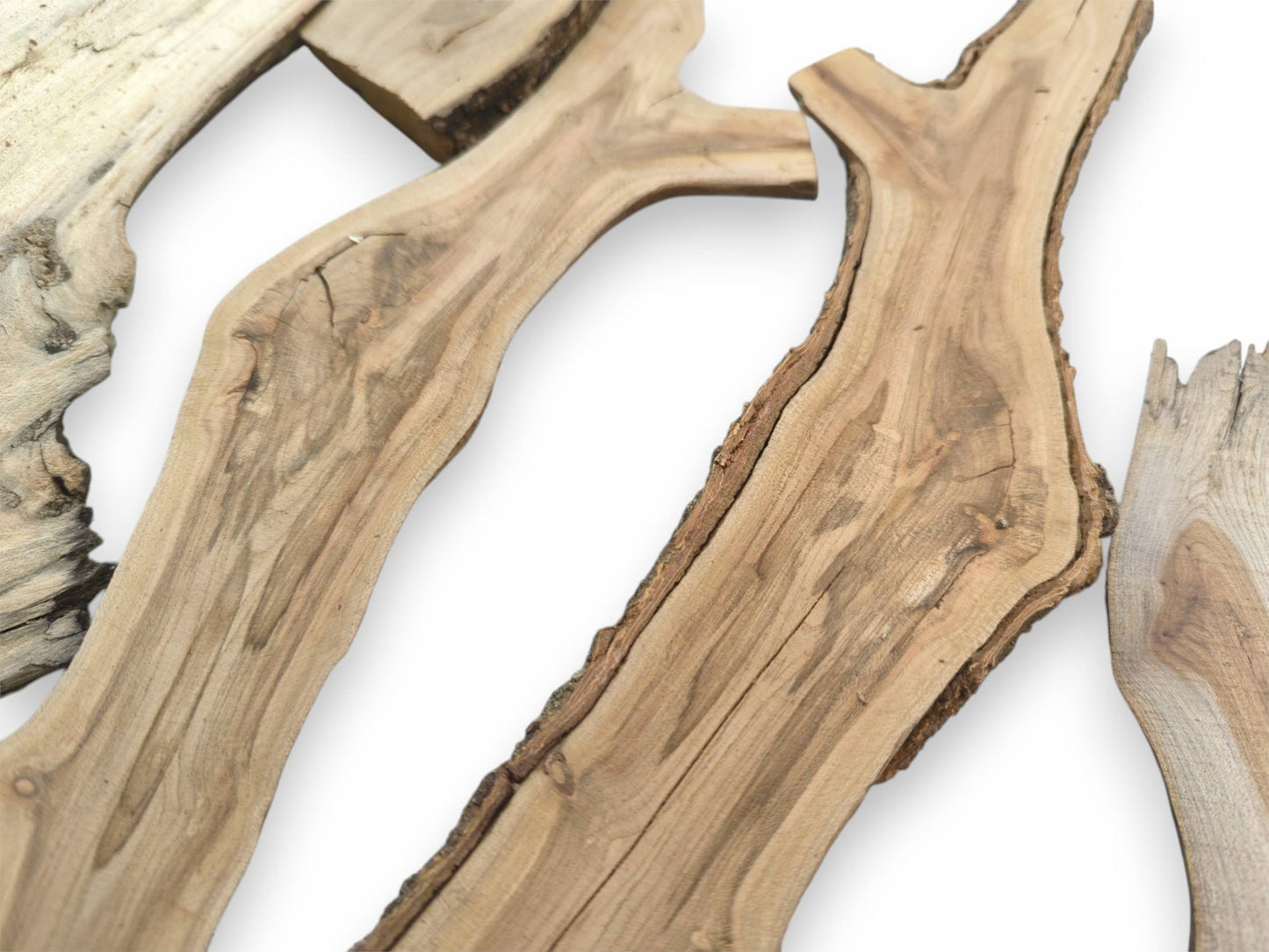 Various bisected wood branches with coarse bark edges are arranged to display their distinct linear woodgrain.