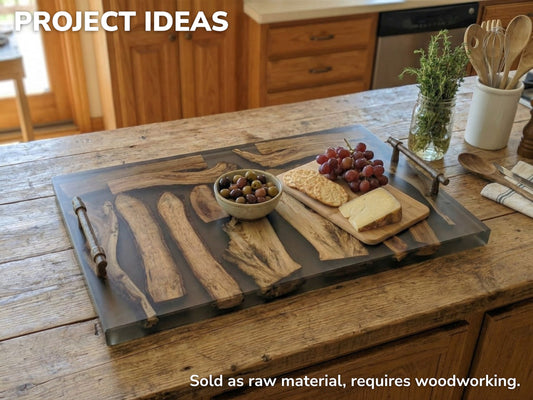A project idea showing halved wood branches embedded in gray resin to create a serving tray.