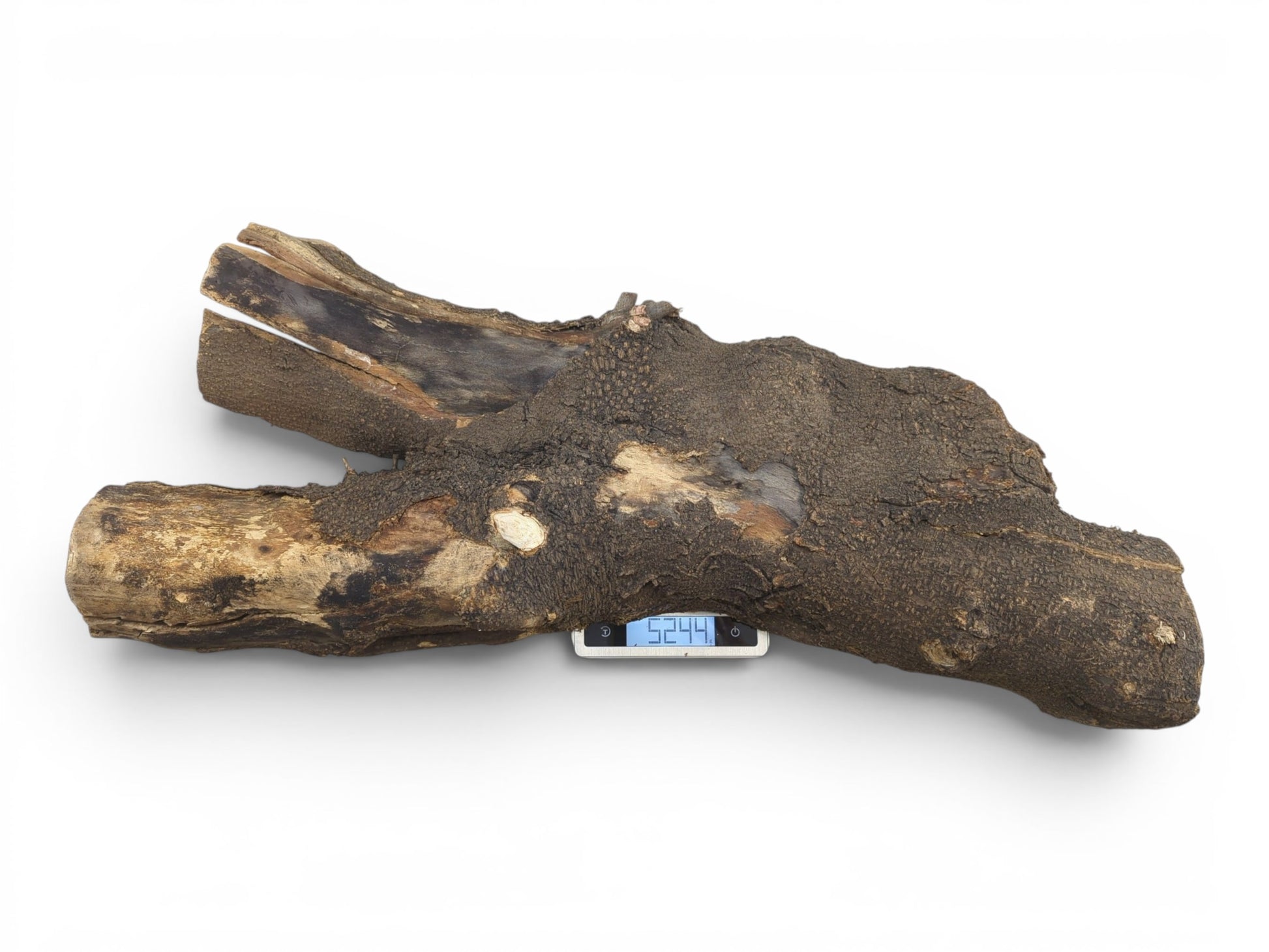 A long, dark, rustic hollow tree trunk wood piece with a rough, textured bark.