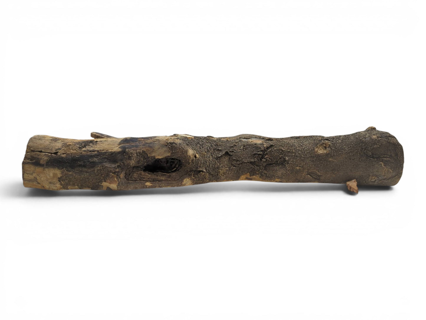 A long, dark, rustic hollow tree trunk wood piece with a rough, textured bark.