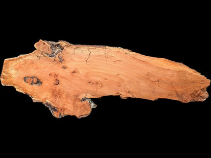 Irregular reddish-brown weeping willow wood slab with natural edges, visible grain, and surface cracks on a black background.