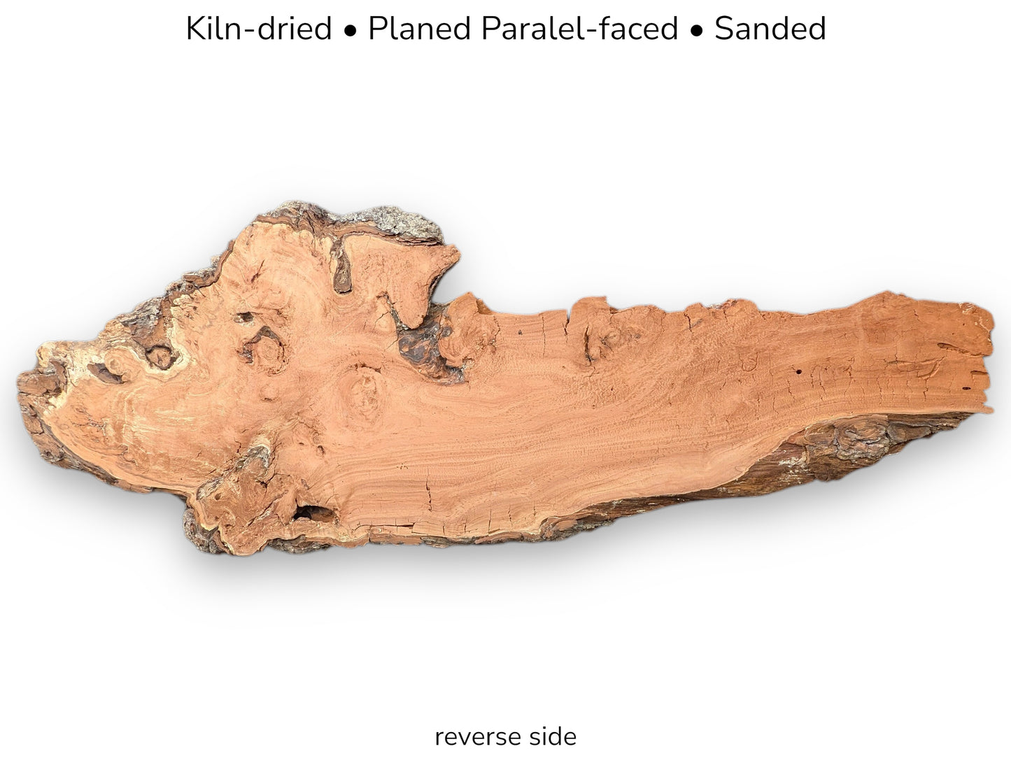 Overhead view of a terracotta-colored timber piece with deep cracks and a gnarled border.