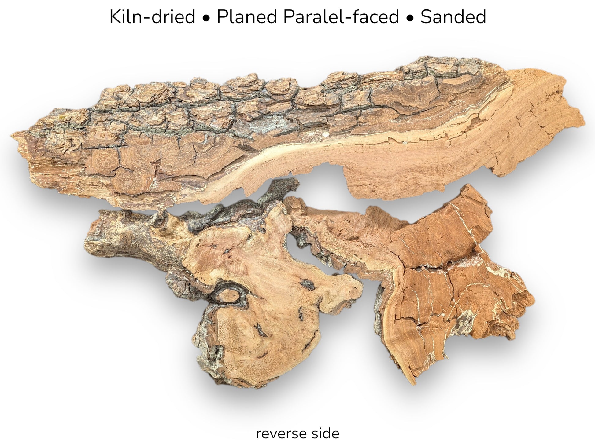 Photograph showing two irregular weeping willow wood pieces with natural bark, decay-like texture, and text overlay.