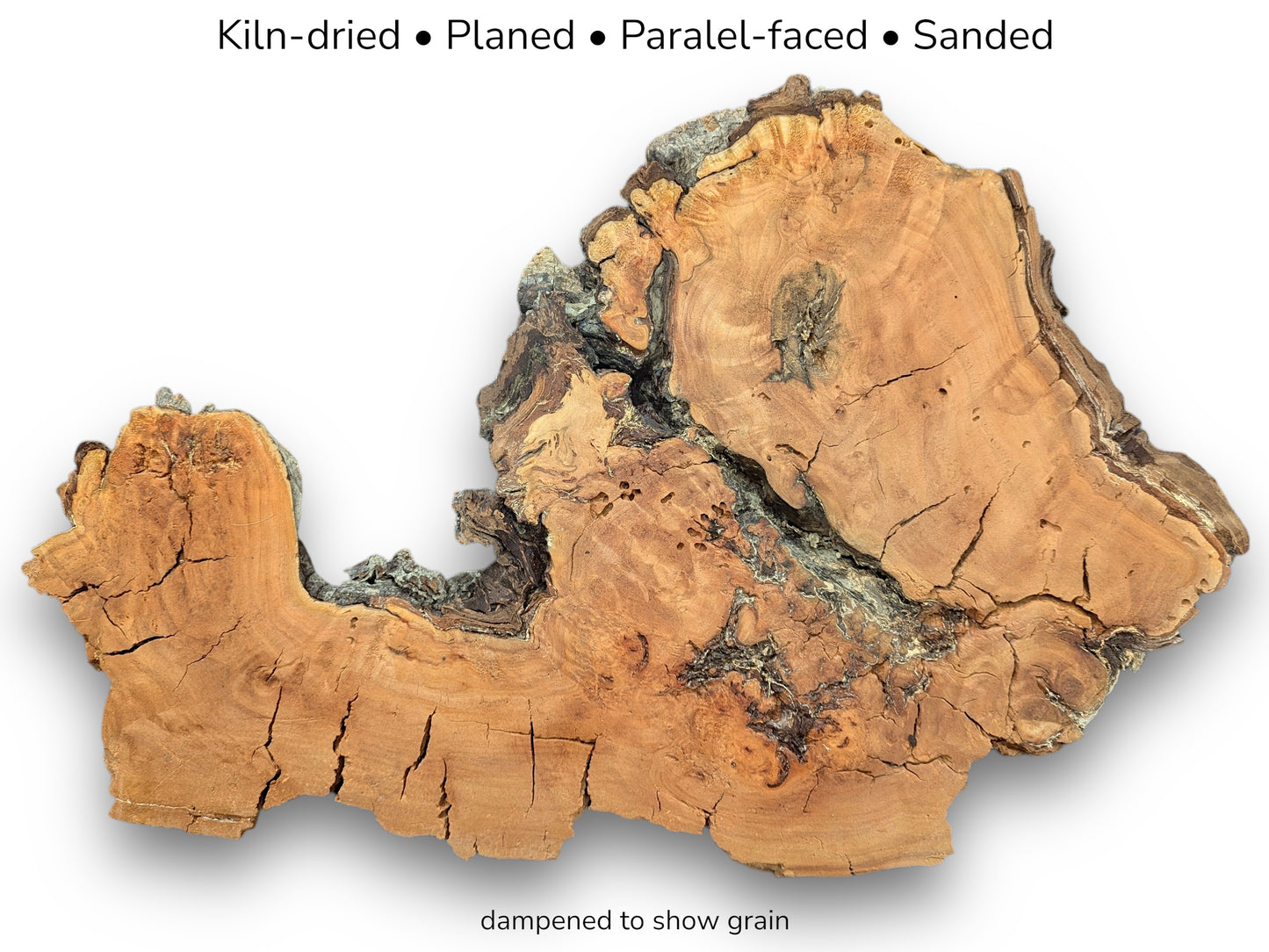 A cracked willow timber slab with a sanded face and a dark, gnarled live edge.
