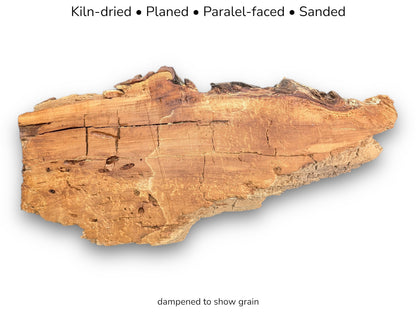 Rough, irregular brown wood slice with natural edges, prominent grain, cracks, and planed parallel surfaces.