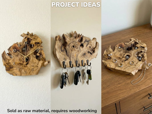 Collage with text details showing three uses for a live-edge wood slice: clock, key holder, and jewelry tray.