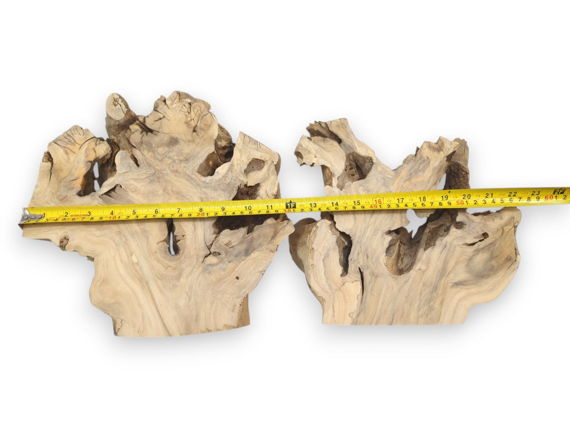A horizontal measurement is taken across two separate, natural-edged wood burl pieces laid side-by-side.
