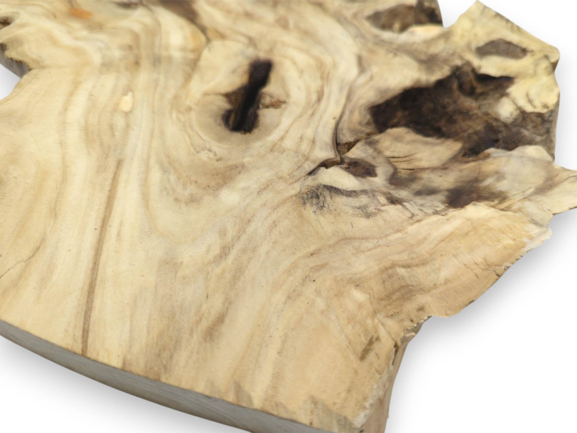 An angular close-up of a raw wood burl, showing the light wood grain around dark inclusions.