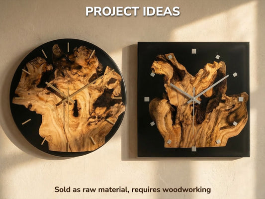 Project ideas image showing a round and a square clock made with elderberry burl and black epoxy.