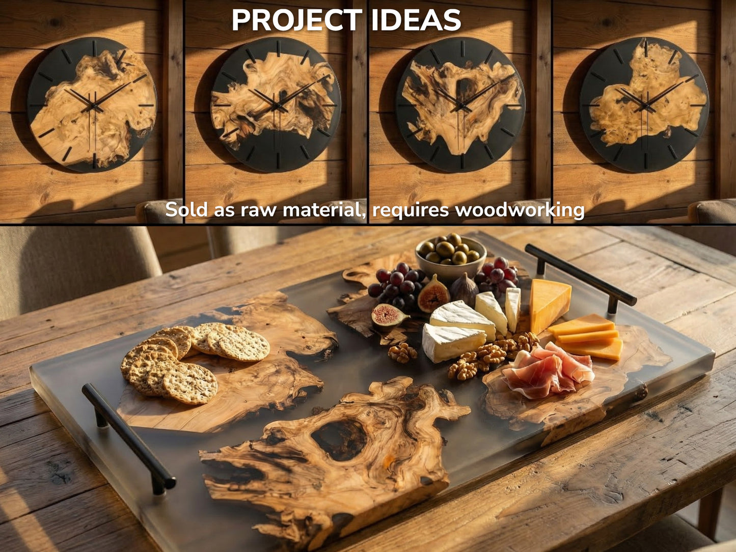 Four clocks and a tray display live-edge timber burls encased in smooth, dark resin.