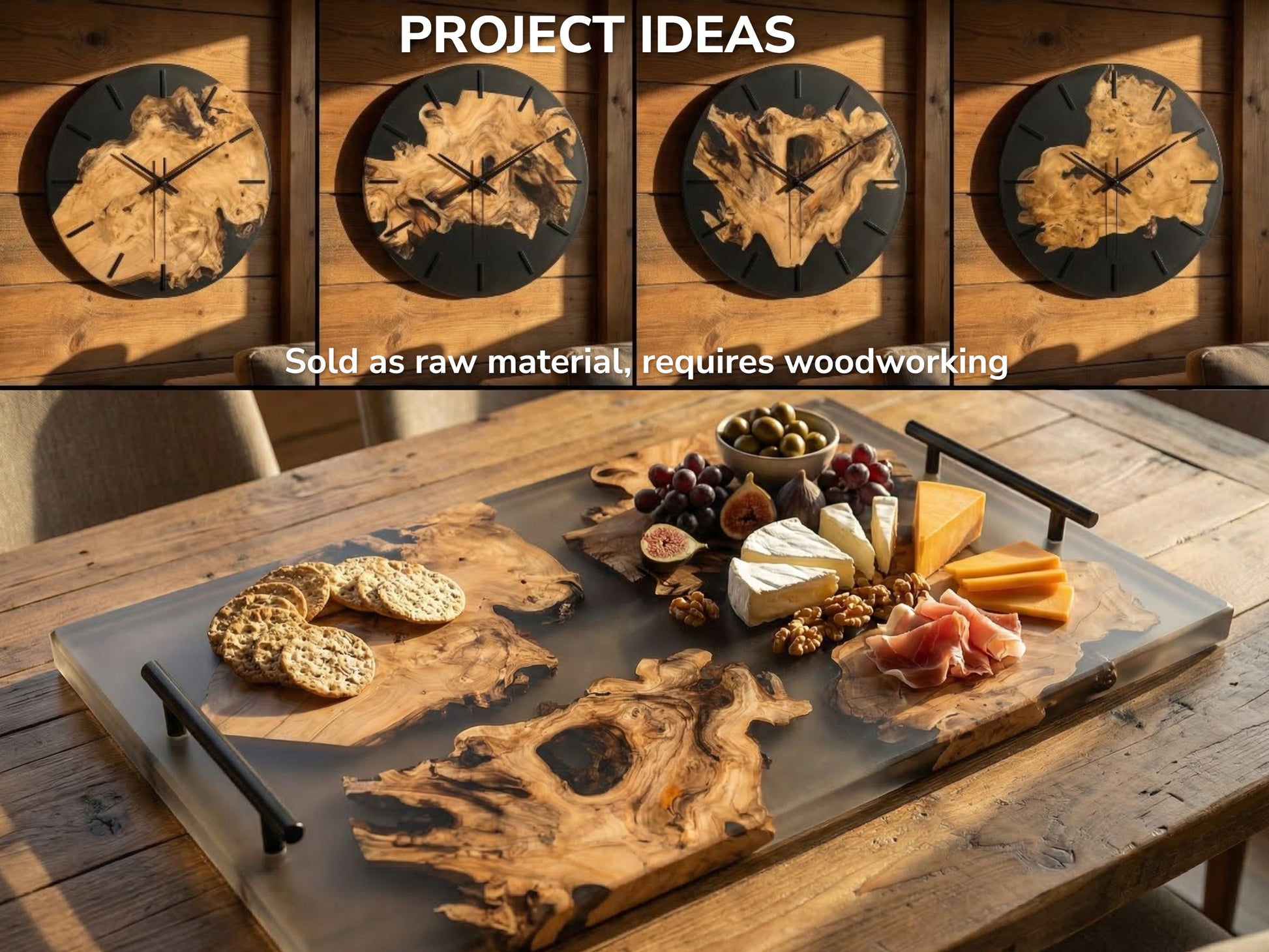 Four clocks and a tray display live-edge timber burls encased in smooth, dark resin.