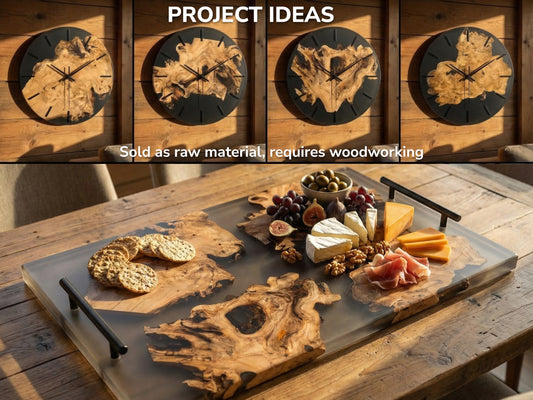 Four clocks and a tray display live-edge timber burls encased in smooth, dark resin.