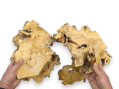 A pair of hands holds two pale, irregular timber slabs with contoured grain.