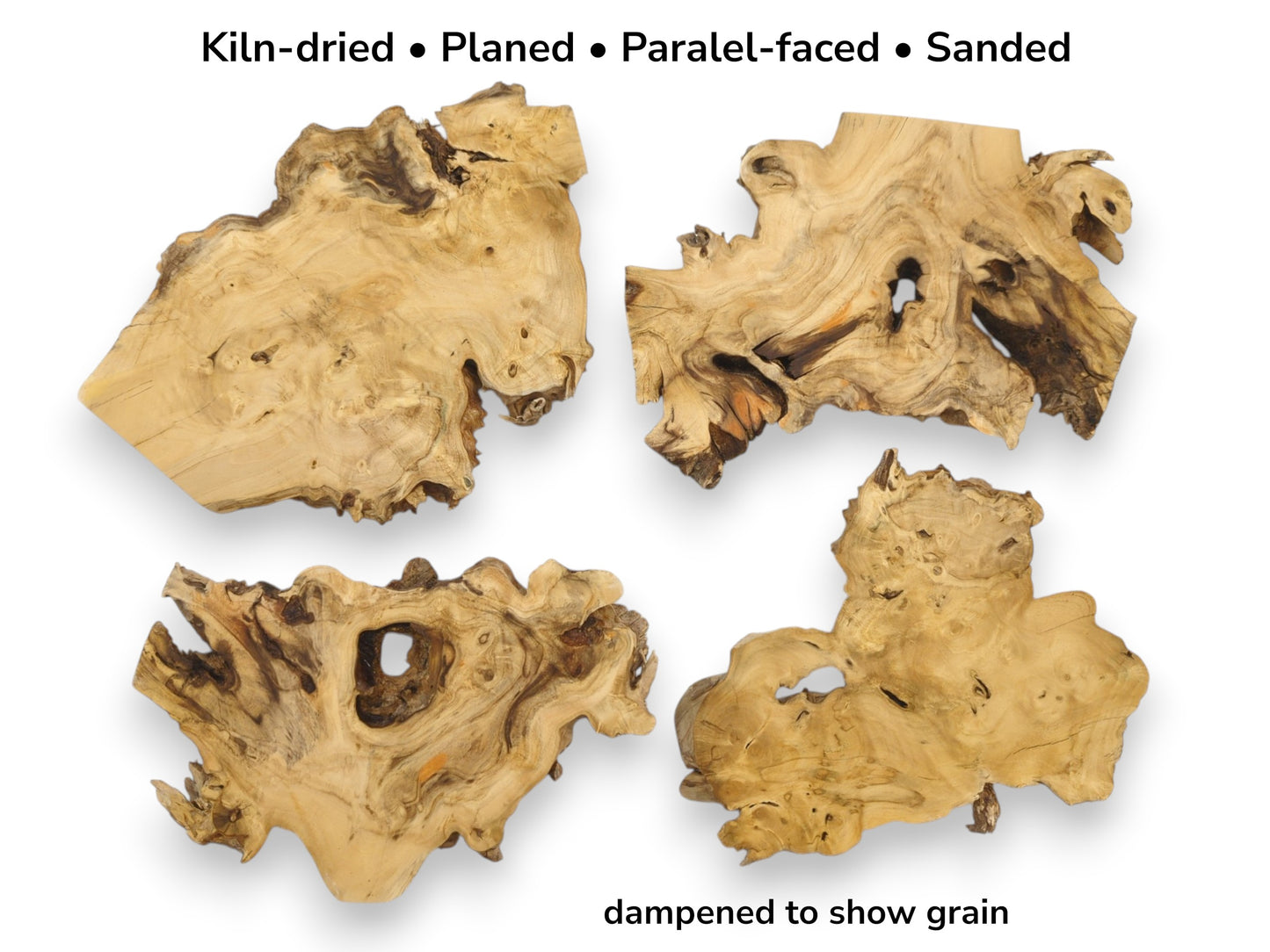 Four gnarled timber sections laid flat, revealing swirling grain, dark knots, and organic voids.