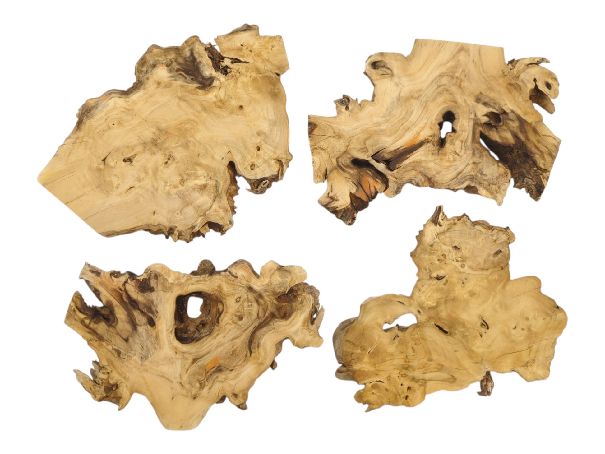 Four organically shaped lumber pieces with complex figuring and dark knots on a white background.