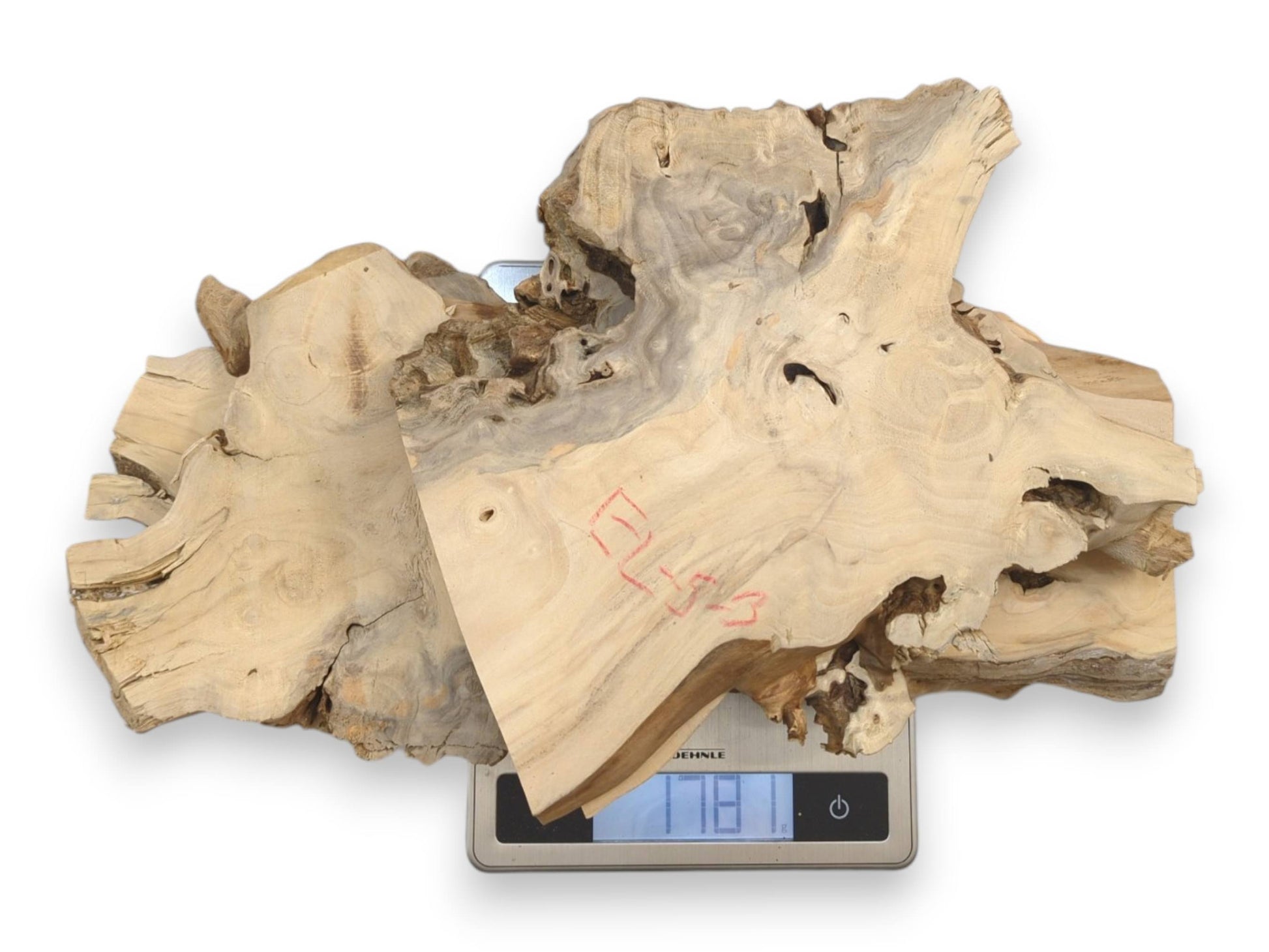 A digital scale weighs four stacked, pale wood slabs with rugged bark and red marks.