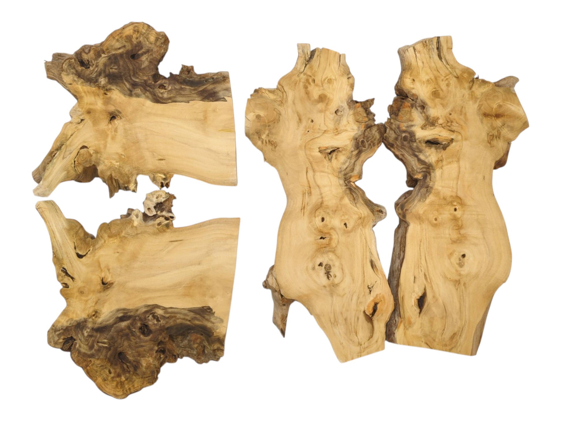 An arrangement of four light wood slabs with organic shapes and dark, burled live edges.