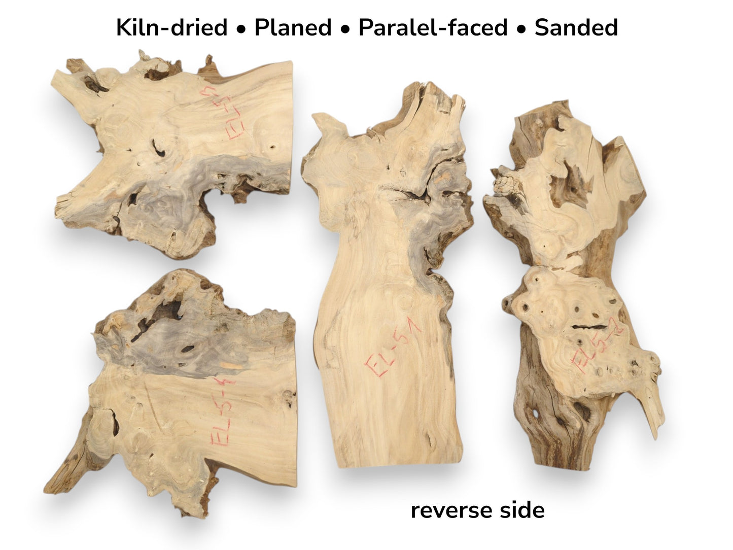 The reverse faces of four pale, planed wood slabs show rugged contours and red notations.