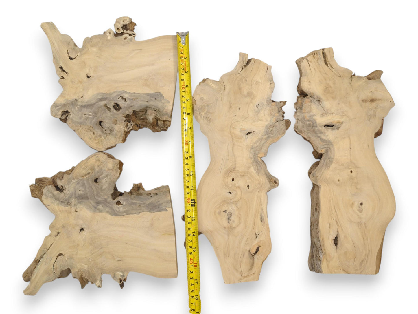 Four pale, gnarled timber sections with greyish grain are displayed beside a measuring tape.