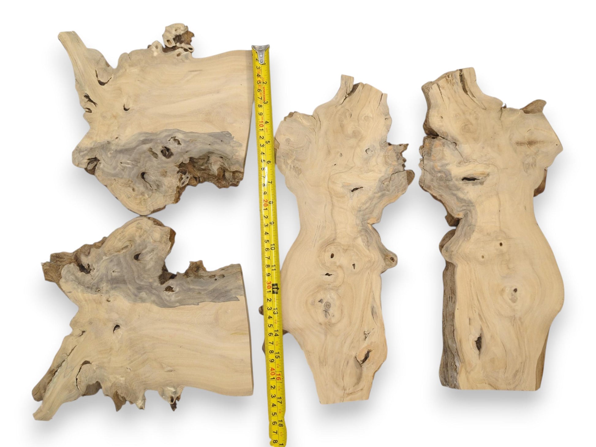 Four pale, gnarled timber sections with greyish grain are displayed beside a measuring tape.