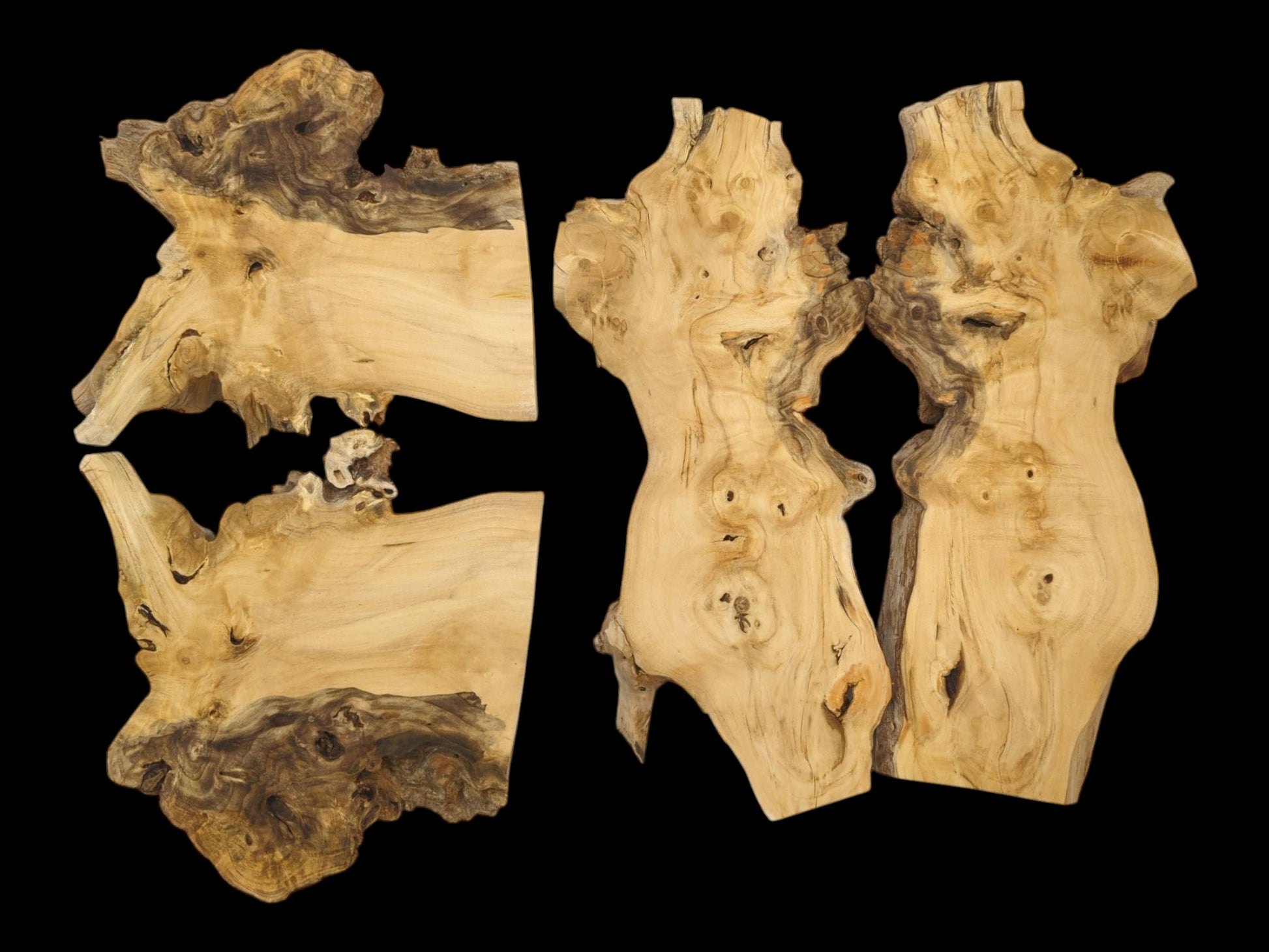 Four light-colored wood sections display knotty surfaces and dark, marbled patterns along undulating edges.