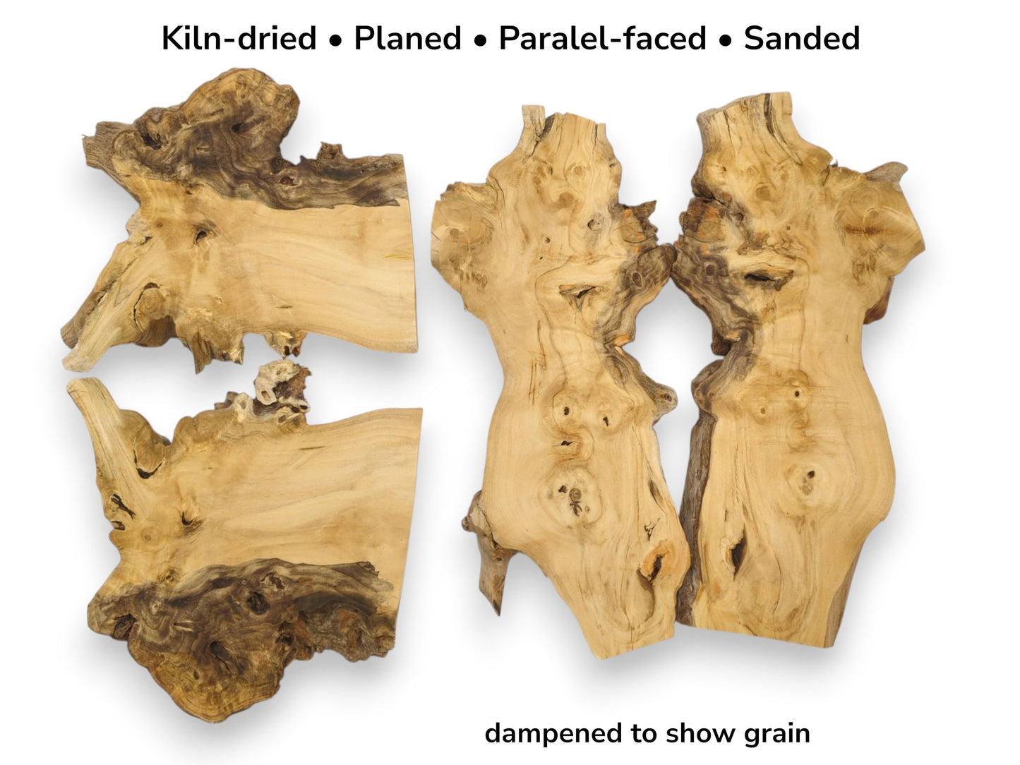 Four irregular timber sections feature gnarled live edges, swirling grain, and dark bark inclusions.