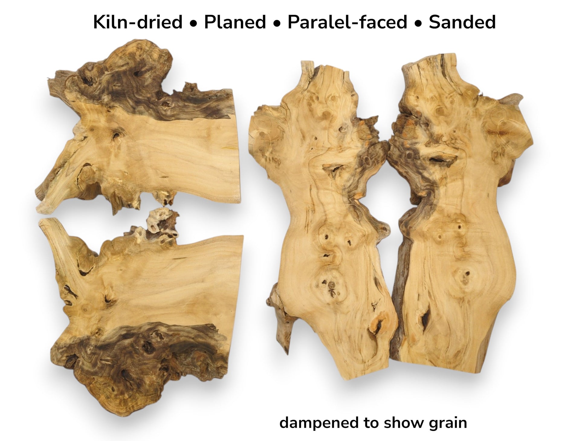 Four irregular timber sections feature gnarled live edges, swirling grain, and dark bark inclusions.