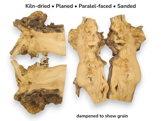 Four irregular timber sections feature gnarled live edges, swirling grain, and dark bark inclusions.
