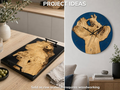 Two project ideas: a serving tray and a wall clock made from elderberry wood and blue resin.