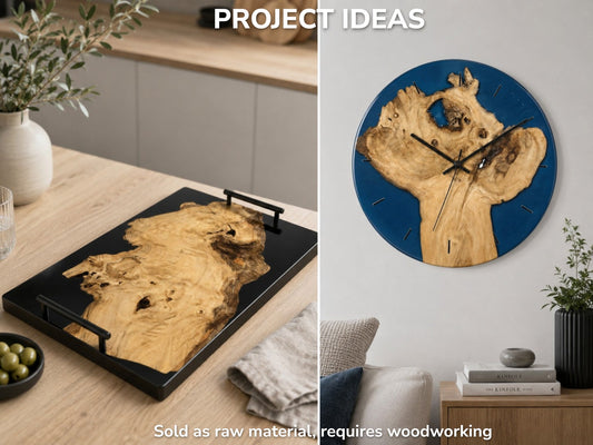 Two project ideas: a serving tray and a wall clock made from elderberry wood and blue resin.