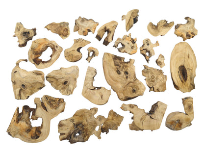 A collection of various light-colored elderberry wood pieces with natural edges and visible knots.