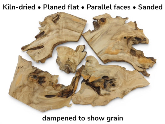 Five irregularly shaped, kiln-dried elderberry wood pieces with parallel faces and visible grain.