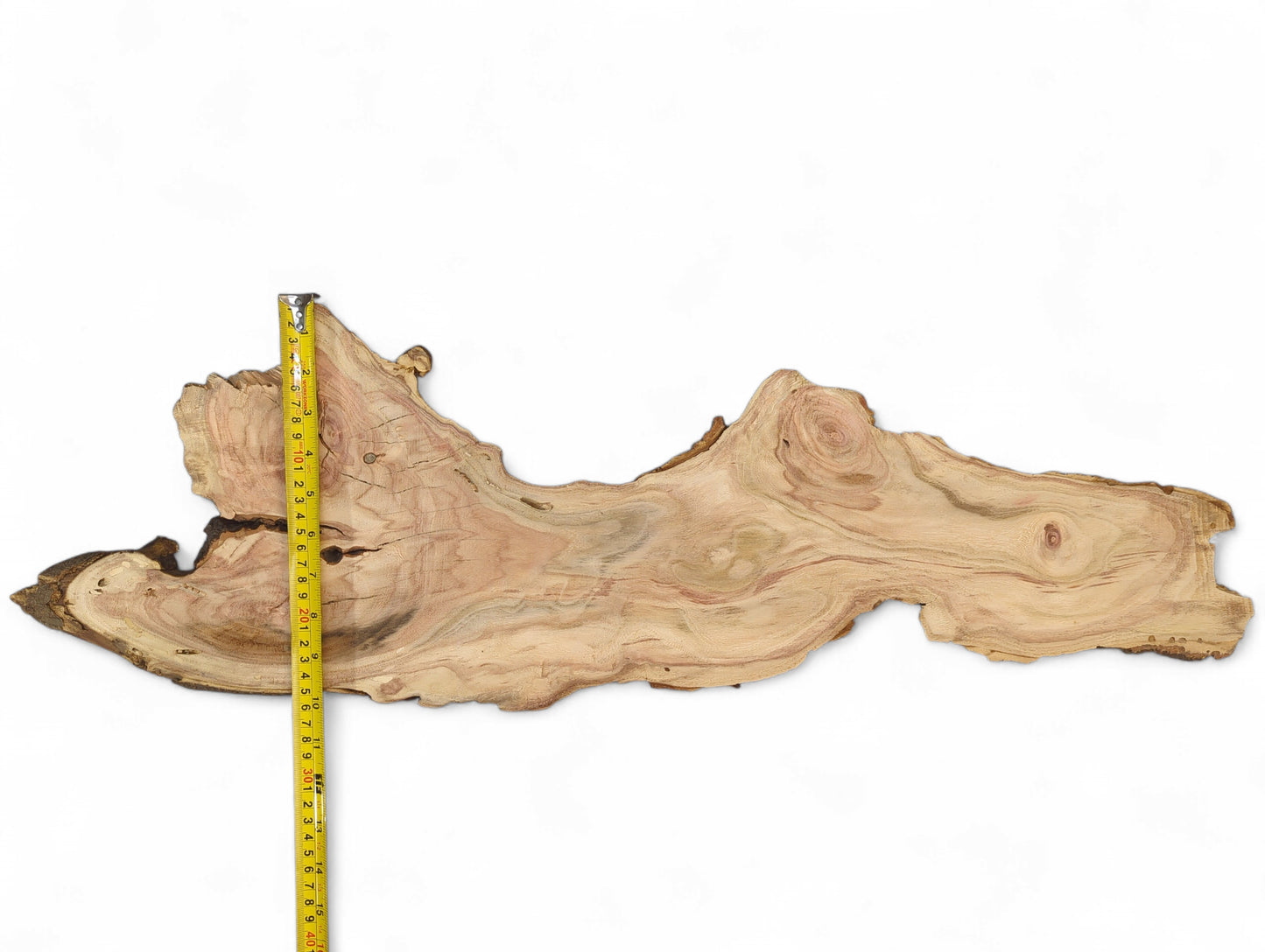 Pale wood slice with organic shape, reddish grain, dark bark edges, and a yellow tape measure.