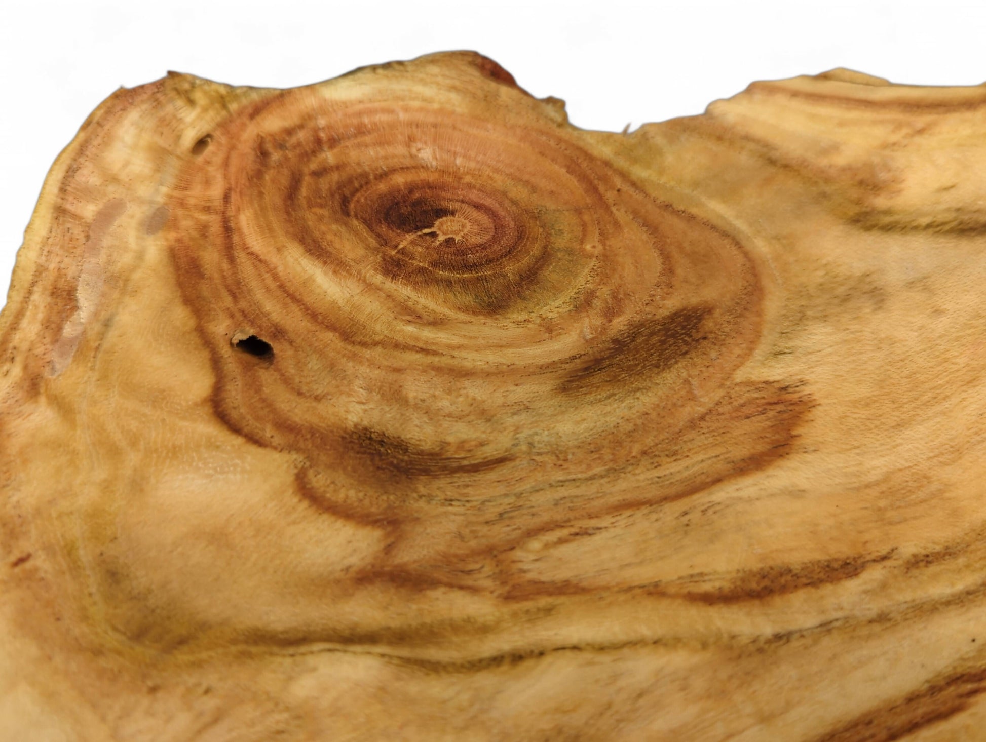 Natural-edged honey locust root slice, displaying swirling reddish-brown and golden-brown grain patterns, plus a dark hole.